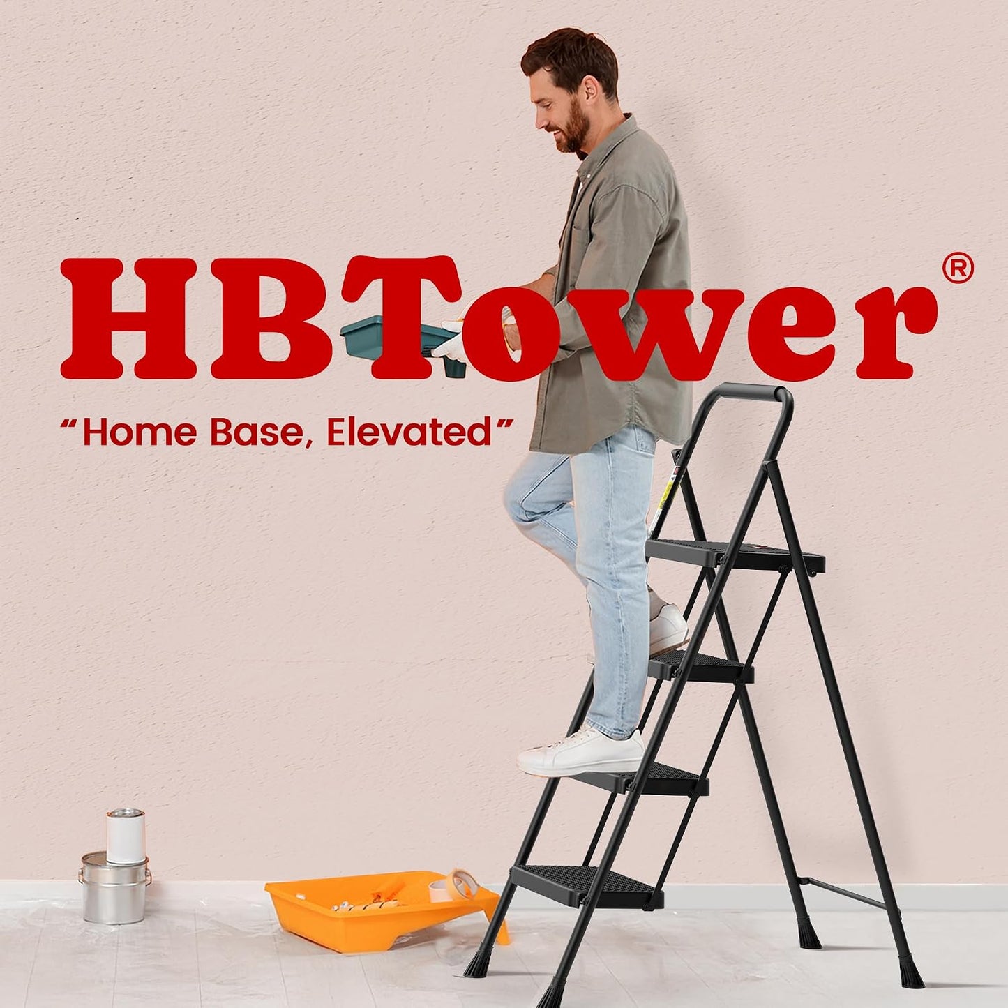 HBTower Step Ladder, 4 Step Ladder Folding Step Stool with Anti-Slip Pedal | Lightweight Ladders for Home, Black