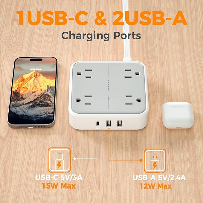 TESSAN Surge Protector Power Strip, 5 Ft Flat Plug Extension Cord - Image 4