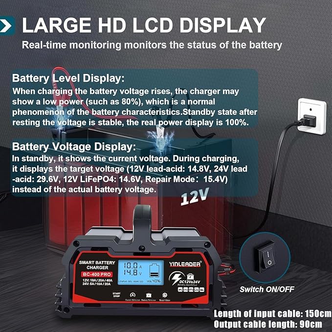 Battery Charger 40A, 12V/24V Lead Acid Smart Battery Charger, 12V LiFePO4 Car - Image 6