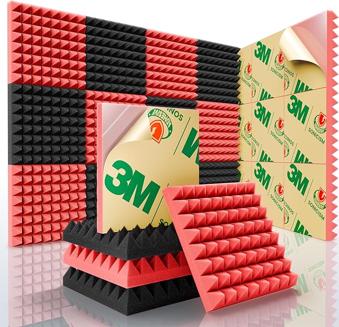 Sonicism Acoustic Panels Self-Adhesive Pyramid 12 Pack, 35kg/m³High Density by Sonicism