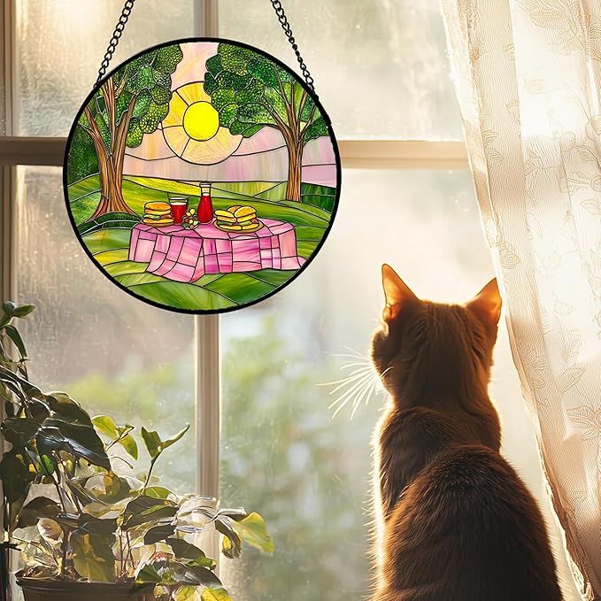 AMDERVEN Stained Glass Window Hanging 4 Pcs Set Pink Green Spring Saplings - Image 4