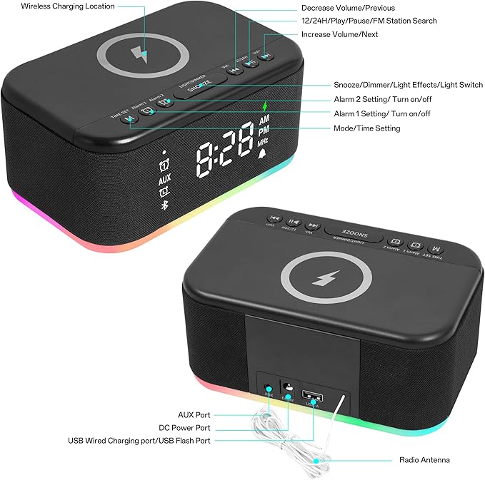 Bluetooth Alarm Clock Radio Bedroom, Digital Dual Alarm Clock Bedroom, Matte - Image 8