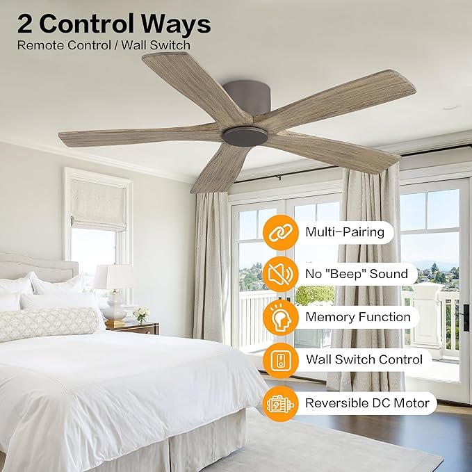 WINGBO 54" Flush Mount DC Ceiling Fans without Lights, 5 Carved Solid Wood - Image 2