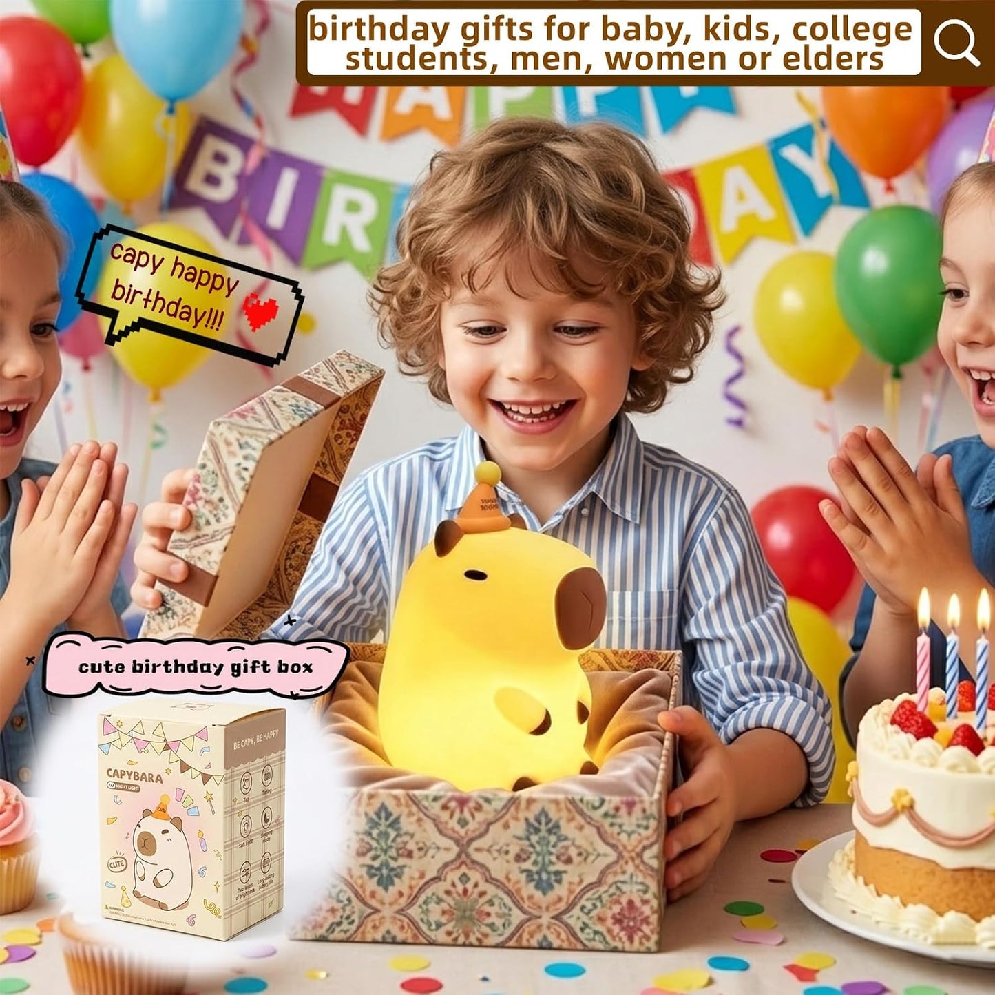 YR YRHH-PET Capybara Birthday Gifts Night Light, Squishy Cute Lamp, Fun Toy | Happy Birthday Hat Decorations, Rechargeable Dimmable Silicone Bedside Lamp, Kids Animal LED Touch Nightlight Capibara Stuff
