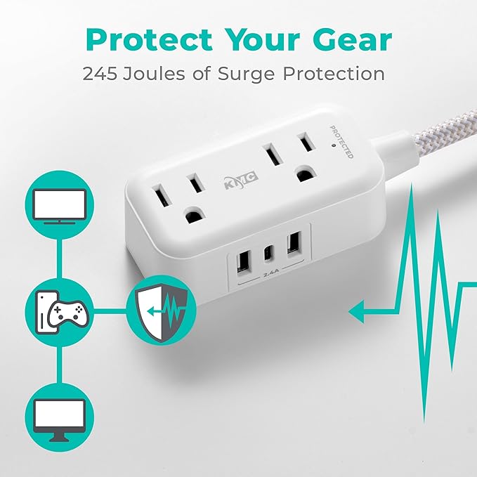 KMC 2-Outlet Mini Surge Protector Power Strip, 1 USB-C & 2 USB-A Ports - Image 5
