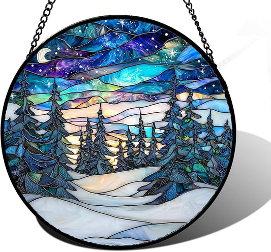 DASTOLL Stained Glass Window Hanging, Starry Sky Trees and Snow Sun Catchers by DASTOLL