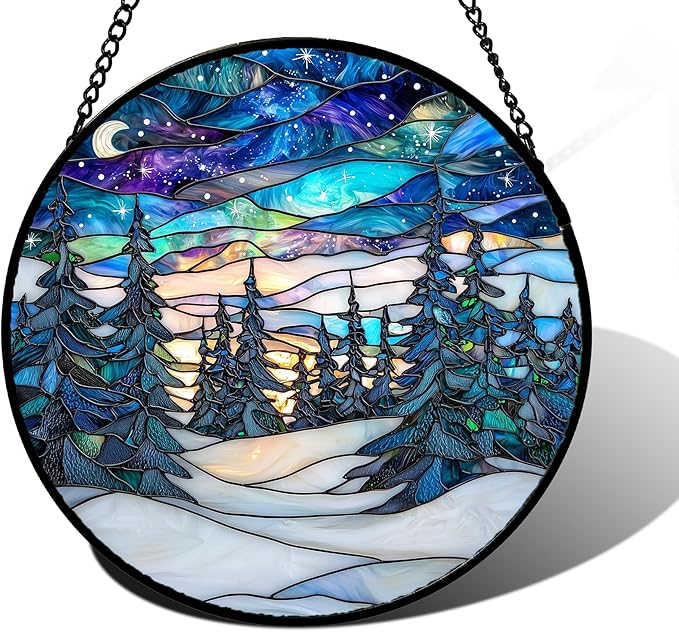 DASTOLL Stained Glass Window Hanging, Starry Sky Trees and Snow Sun Catchers by DASTOLL