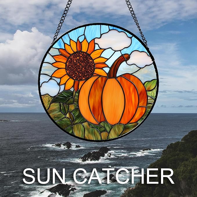DASTOLL Stained Glass Window Hanging Fall Farm Scenery Sunflower Pumpkin 9.8" - Image 2