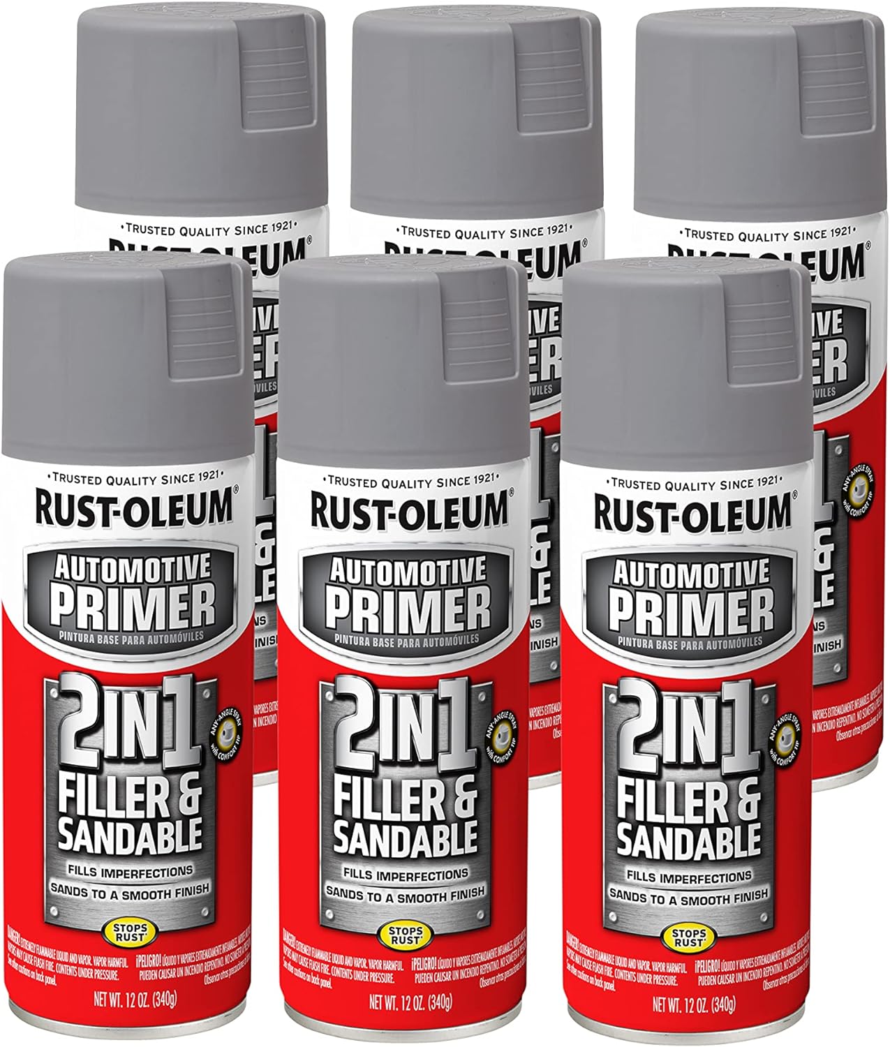 Rust-Oleum Automotive Stops Rust Filler & Sandable Spray Primer, Gray | Rust Preventive, Fast Dry, Multi Surface, High-Build Formula Sands Smooth, Comfort Tip Sprays from Any Angle, 6 Pack