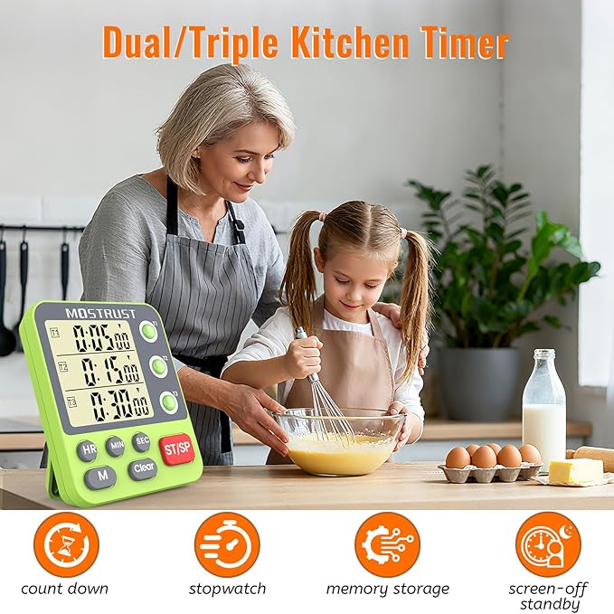 MOSTRUST Digital Dual Kitchen Timer, 3 Channels Countdown Triple Timer - Image 2