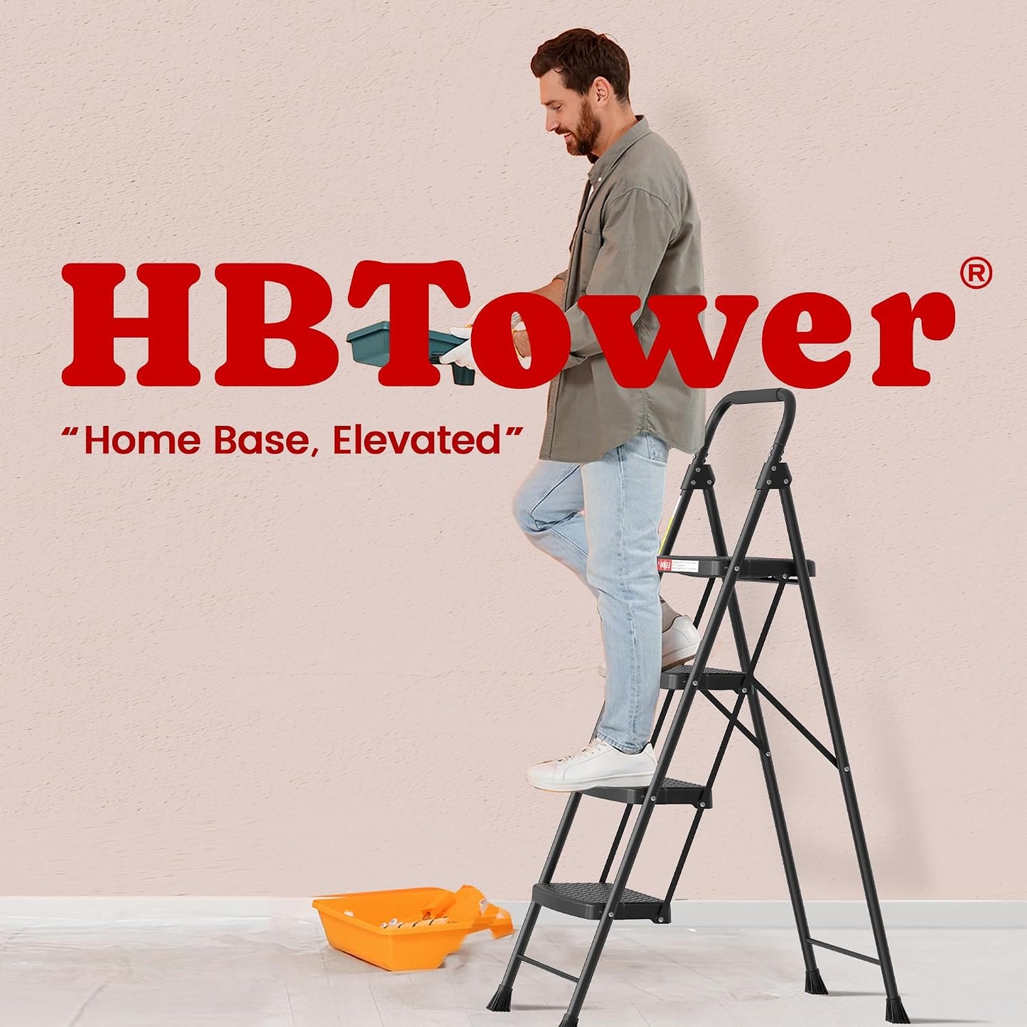 HBTower 4 Step Ladder, Step Stool Foldable with Wide Anti-Slip Pedal | Sturdy Steel Ladders for Home Adults Kitchen