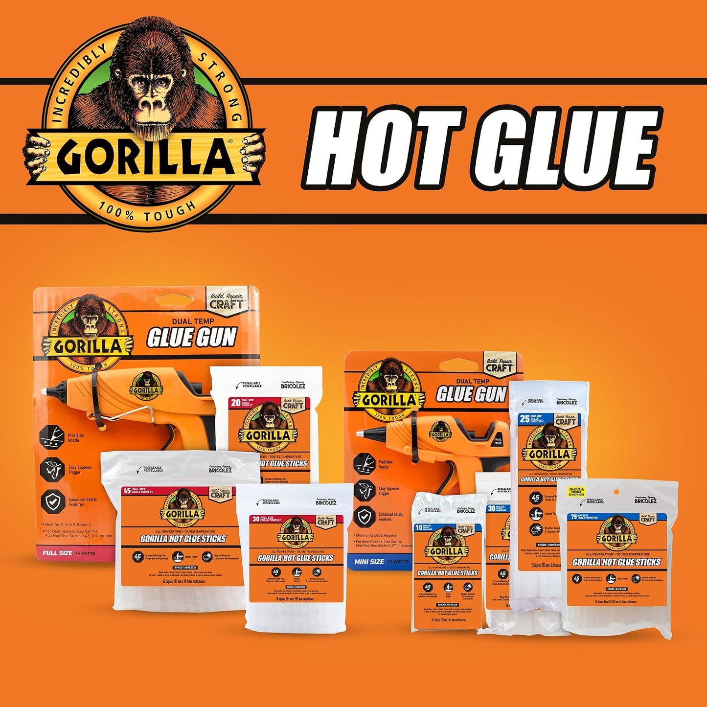 Gorilla Dual Temp Full Size Hot Glue Gun, Precision Nozzle | Easy Squeeze Trigger for Comfort, Enhanced Safety Features, Great for DIY, Craft, Repairs, and More