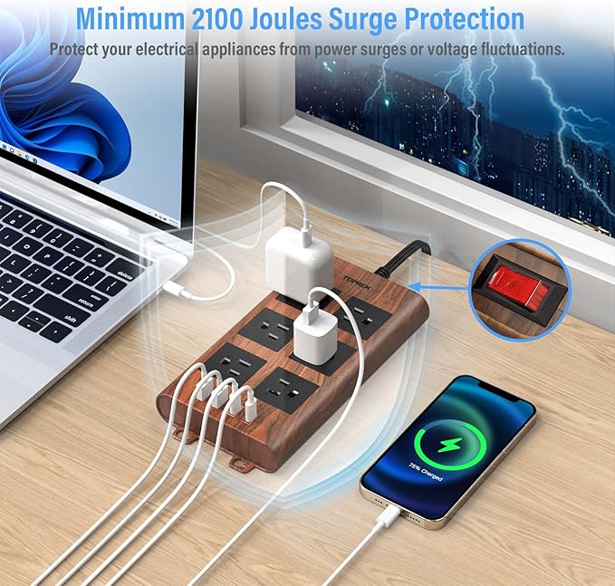 TOPREK Surge Protector Power Strip, 6 Widely-Spaced Outlets - Image 5
