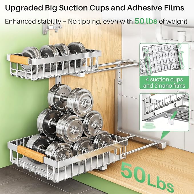 Under Sink Organizer, Stainless Steel 2 Packs 2 Tier Under Sink Organizers and - Image 5