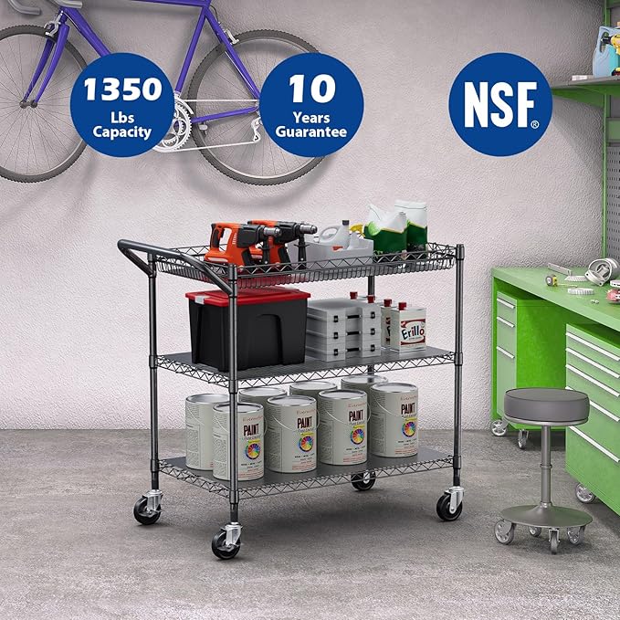WDT 1350Lbs Capacity Heavy Duty Rolling Utility Cart, Large 3 Tier Rolling Carts - Image 2