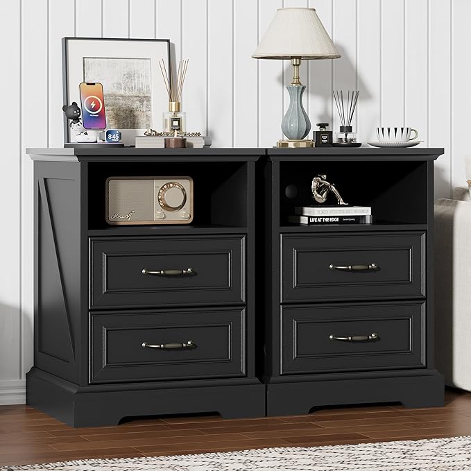 Nightstand with Charging Station, Rustic Farmhouse Wood Small Dresser, Bedside - Image 4