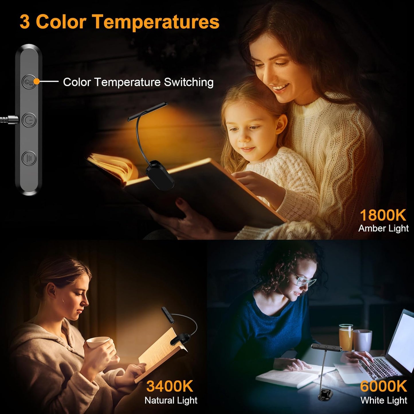 Gritin Rechargeable Book Light for Reading in Bed with 19 LED | Eye Caring 3 Color Temps,5 Brightness Levels,Memory Function,90 Hrs Runtime Flexible Goose Neck Clip on Light for Book Lovers