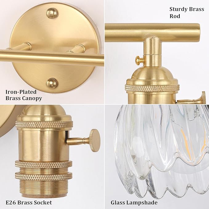 Shenmoyl Battery Operated Bathroom Light Fixtures, 2-Light Brass Vanity Wall - Image 7