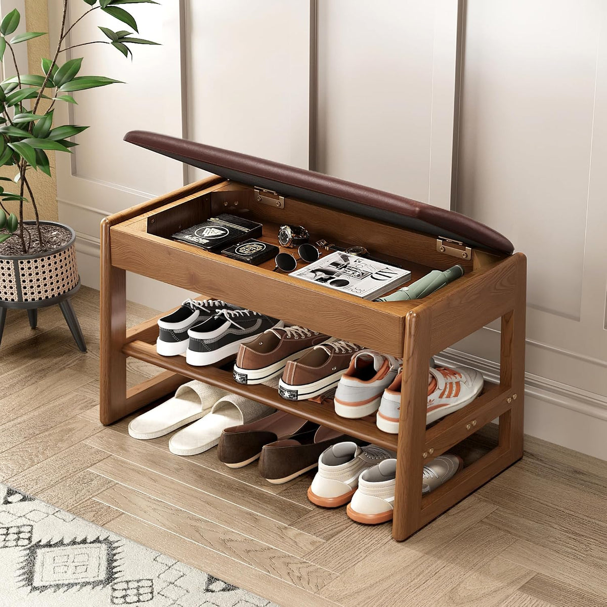 shoe rack bench with hidden storage, 2‑tier solid, main product view