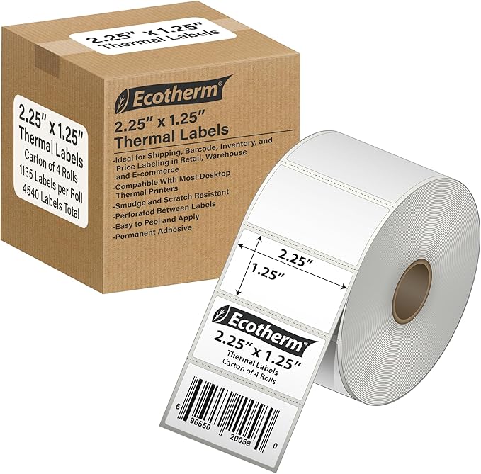2.25" x 1.25" Thermal Labels | 4 Rolls | 4540 Labels | fits Zebra, Offnova by EcothermProducts