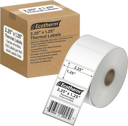 2.25" x 1.25" Thermal Labels | 4 Rolls | 4540 Labels | fits Zebra, Offnova by EcothermProducts