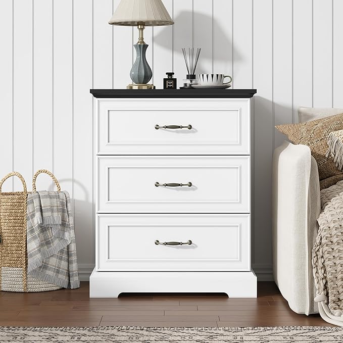 Nightstand with 3 Large Drawers, Rustic Farmhouse Wood Small Dresser, Bedside - Image 3