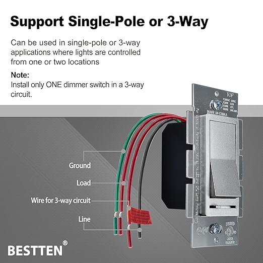 BESTTEN Matte Silver Dimmer Light Switch, Single Pole or 3-Way, Compatible - Image 5