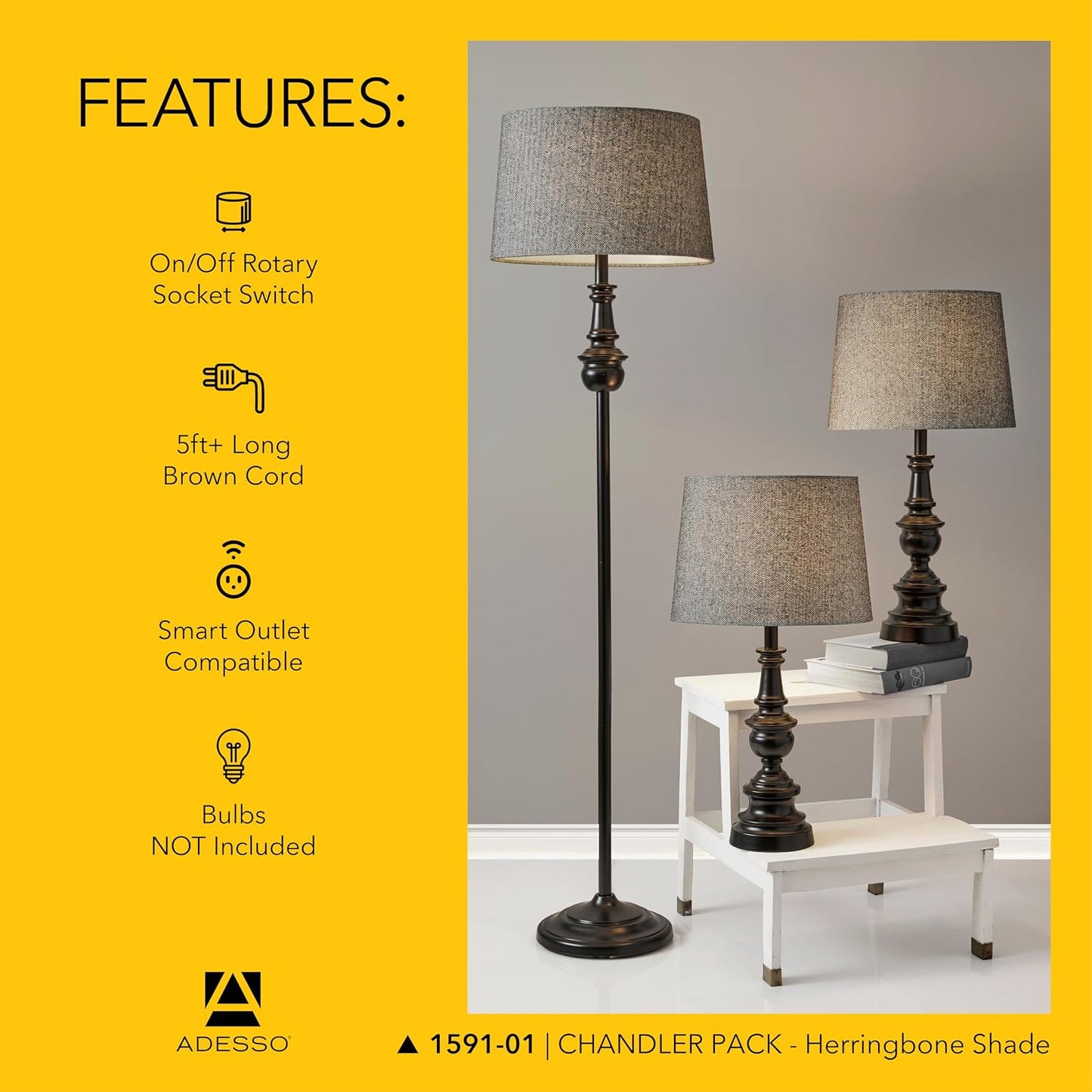 Adesso 3-Piece Lamp Set, Bronze & Dark Herringbone, Table and Floor