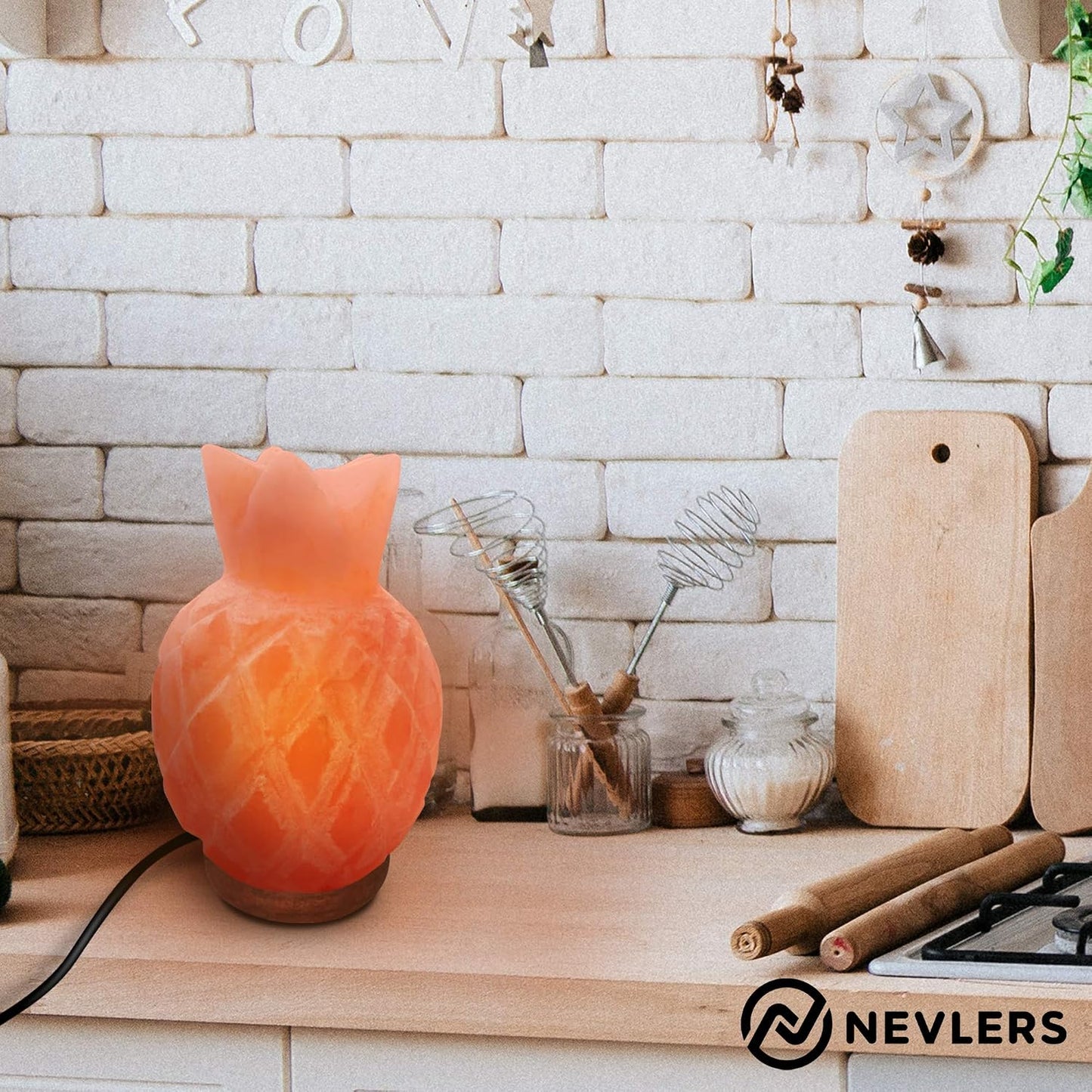 Nevlers Pineapple Shape Pink Himalayan Salt Lamp w/Wood Base for Home Decor | 7-8 lbs & 7"- 8" Tall Himalayan Pink Salt Lamp w/Dimmer Cord & Light Bulb | 100% Salt Rock Lamp | Ambient Salt Crystal Lamp