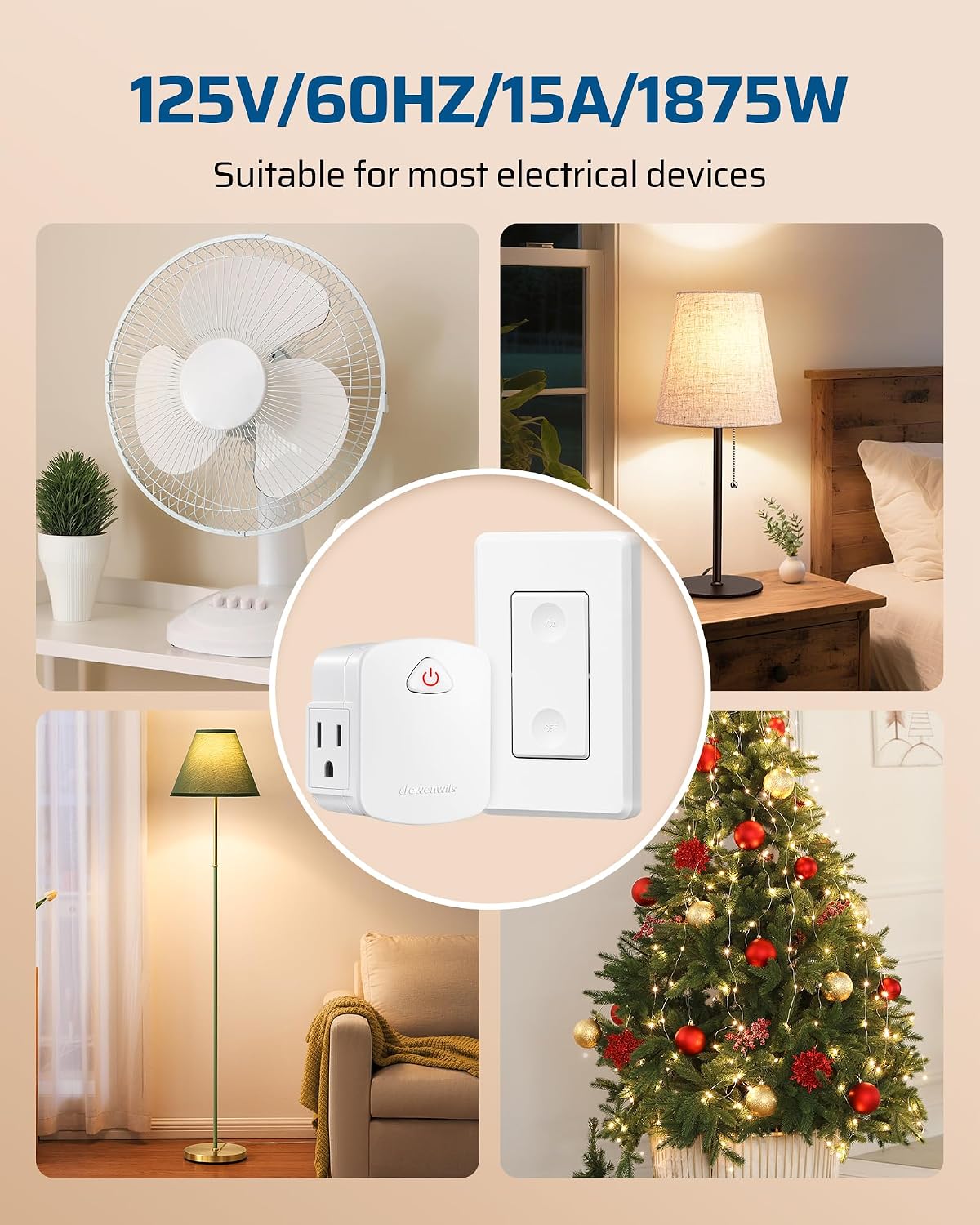 DEWENWILS Remote Light Switch with Side Outlet, 15A/1875W, ETL Listed | 1 Outlet & 2 Remotes, 100FT Range, 125V 60Hz, Programmable & Expandable for Lamps, Fans, Household Appliance, ETL Listed