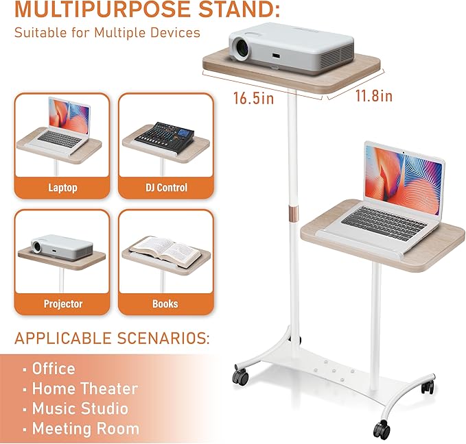 YUMFUN 2 Shelves Projector Stand, Mobile Laptop Cart on Wheels Projector Stand - Image 4