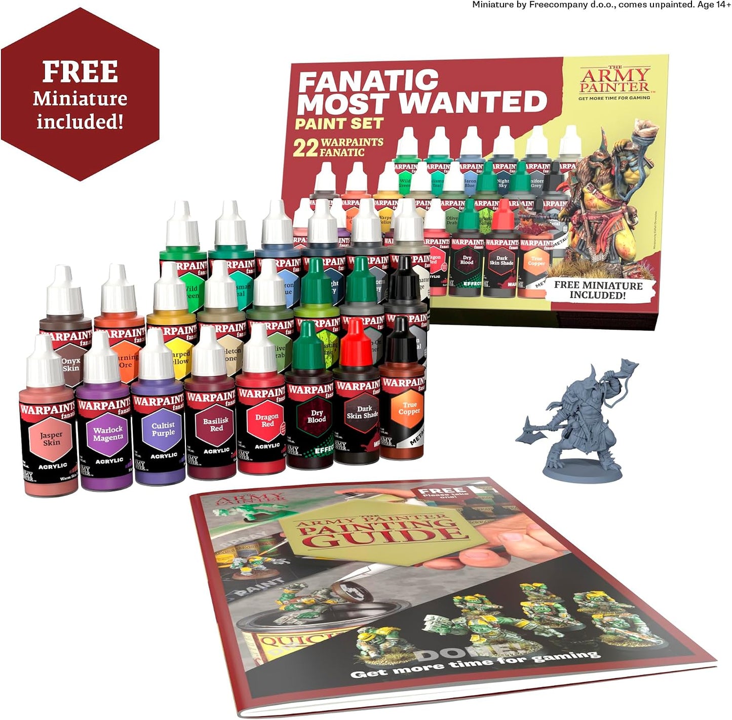 The Army Painter, Warpaints Fanatic Most Wanted Paint Set, 22 x 18 ml | Model Paint Set incl. Skin Tones, Metallics, Effects, Wash, Primer & 1 Miniature - Miniature Paint for DnD & Warhammer