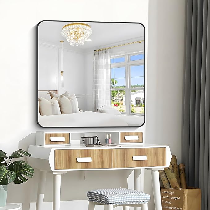 Bathroom Mirror, 42x42 inch Black Square Wall Mirror, Rounded Corner Aluminum - Image 4