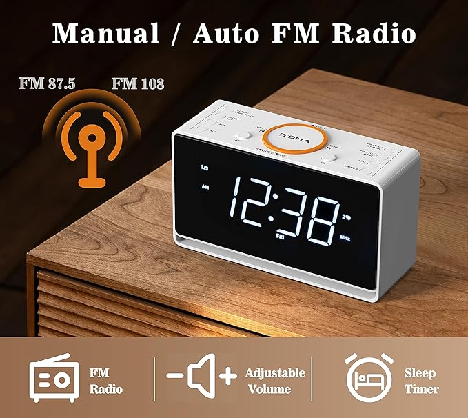 iTOMA Alarm Clock Radio, 1.4" White LED Display Clock - Image 4