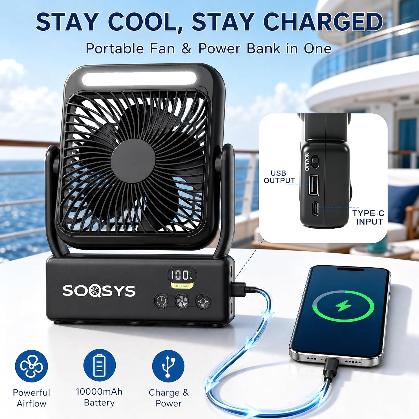 Cruise Approved Magnetic Fan with Night Light, 10000mAh Ultra-Slim Cruise Ceiling Fan, 4-Speed, Hook Design, Timer, LED Display, Portable Fan for Cruise Ship, Camping, Travel, Cruise Essentials