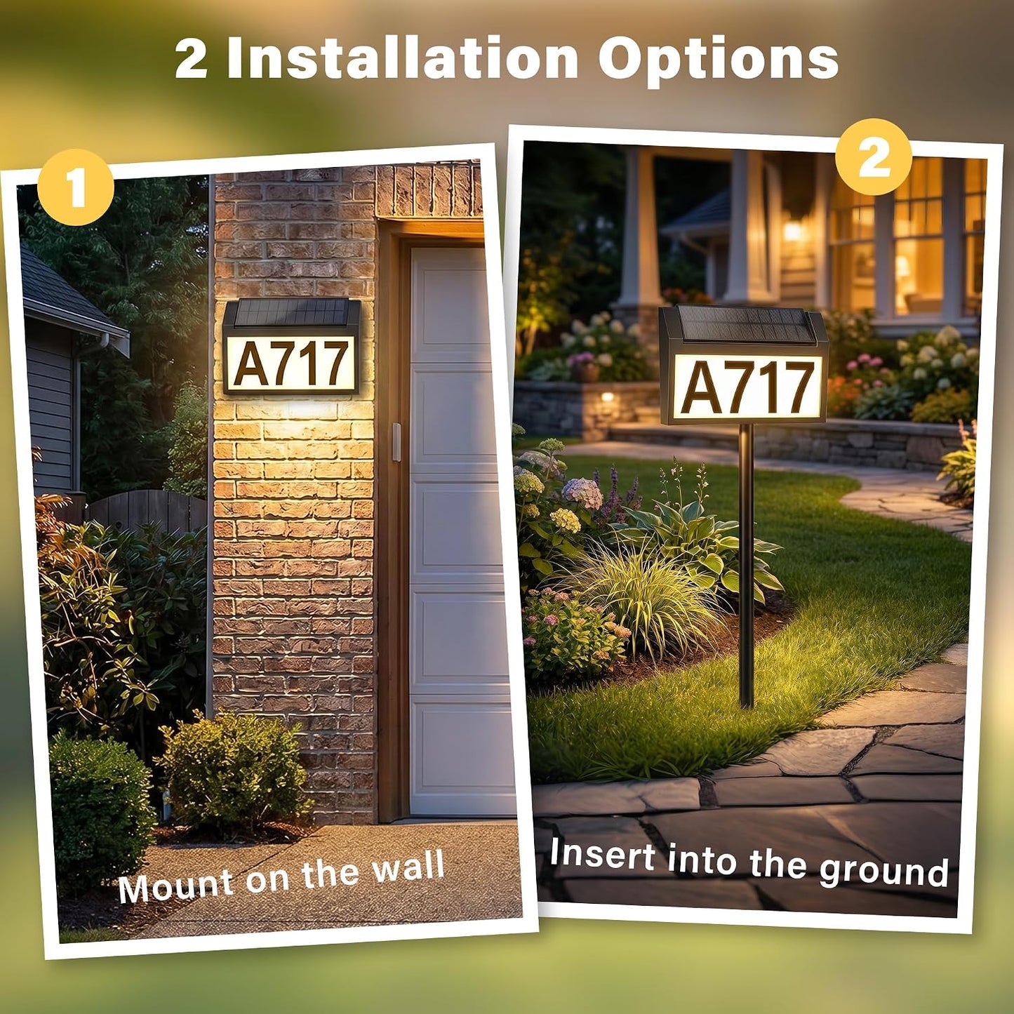 Solar Address Sign, 3 Modes House Number Sign with Adjustable Panel | LED Lighted Address Numbers, Wall Mounted & In Ground, Waterproof, DIYable Address Plaque with Stake for Yard House Garden