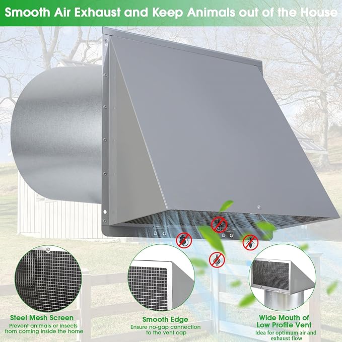 8 inch Hooded Wall Vent with Screen and Damper, Wall Vent Cover Exhaust Vent - Image 3