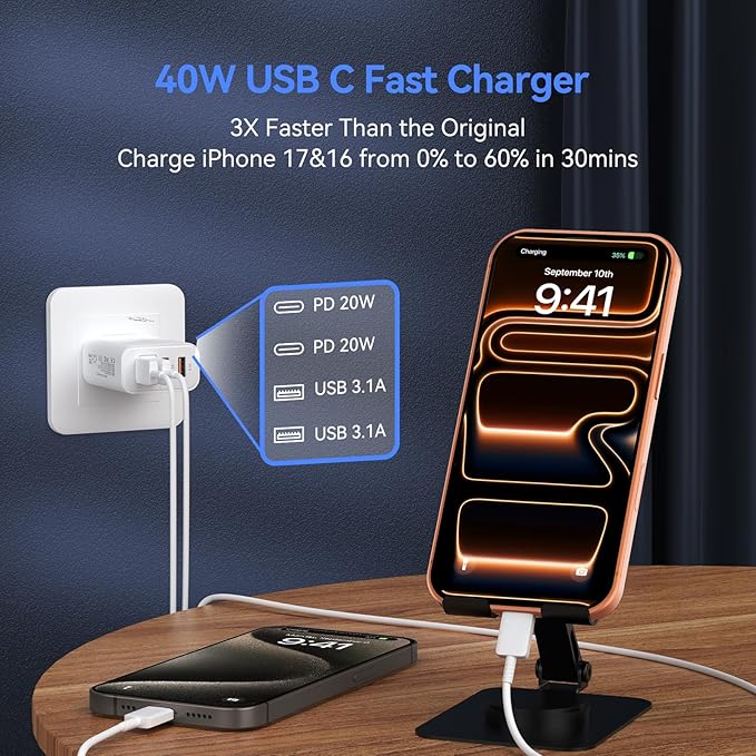 USB C Wall Fast Charger Block, 40W 4-Port Type C Charger Fast Charging Blocks - Image 2