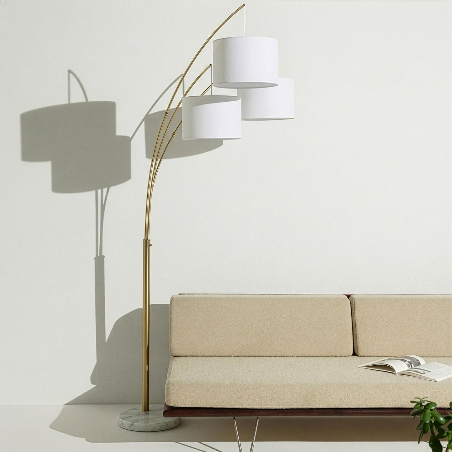 Brightech Trilage Arc Floor Lamp - Large Standing Lamp with 3 Fabric Shades & LED Bulbs for Living Room Over the Sofa, Reading, Multi-Head Traditional Tree Floor Lamp for Bedroom - Brass
