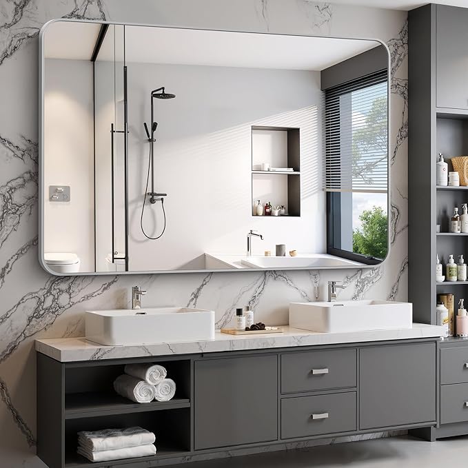 60x40 Inch Silver Bathroom Mirror, Large Rectangle Mirror, Metal Framed - Image 3