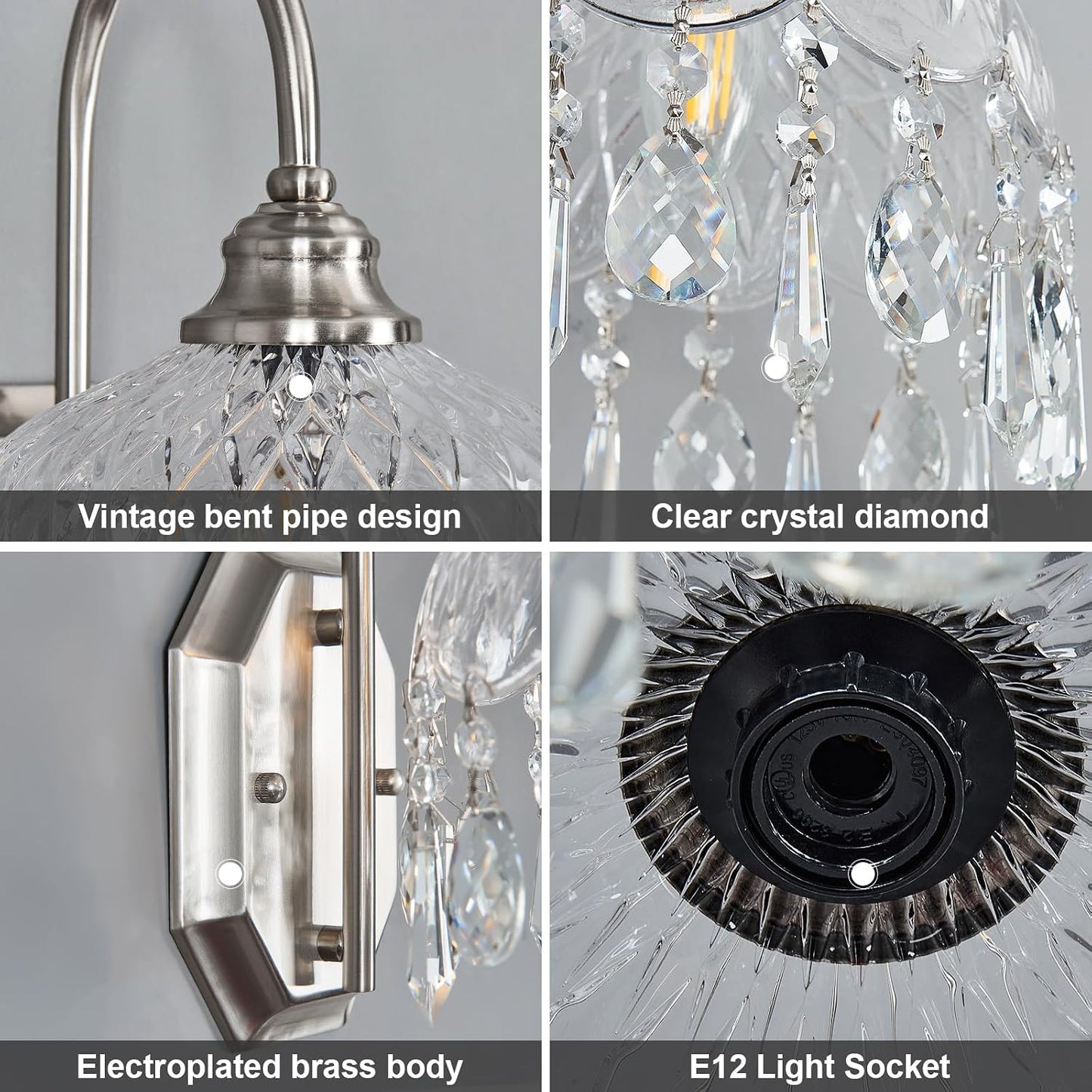 2-Pack Vintage Wall Sconce,Glass Crystal Wall Sconce,Matte Brushed Antique Nickel Finish Set of Two for Bedroom Bathroom Hallway Living Room Decor