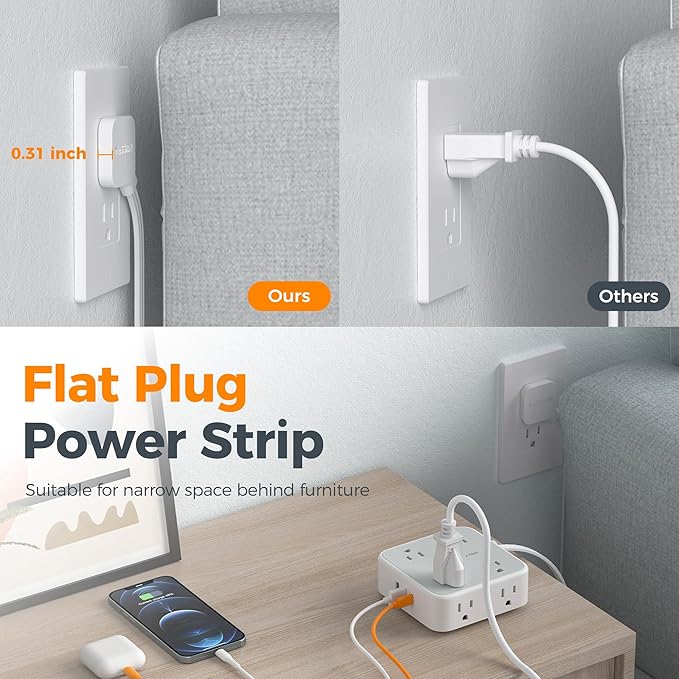 Surge Protector Power Strip, TESSAN 5 Ft Flat Plug Extension Cord - Image 6