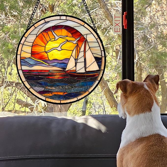DASTOLL Stained Glass Window Hanging, Sun Ocean Sailboat Seagull Abstract - Image 2