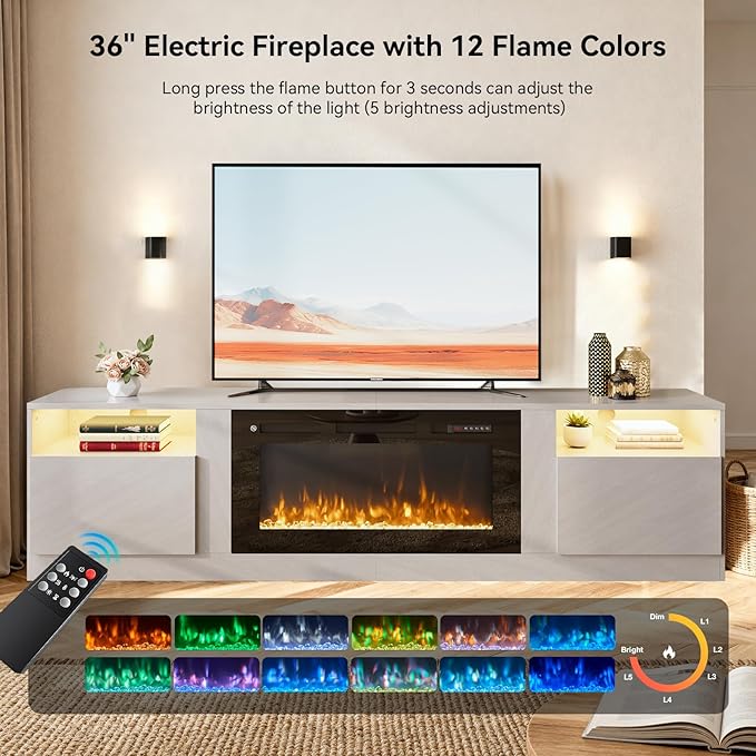 YISUFO 80” TV Stand with 36” Electric Fireplace, Large Modern Media - Image 2