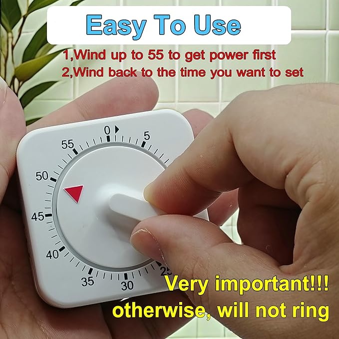 Square 60 Minute Mechanical Kitchen Timer, Manual Countdown Timer - Image 3