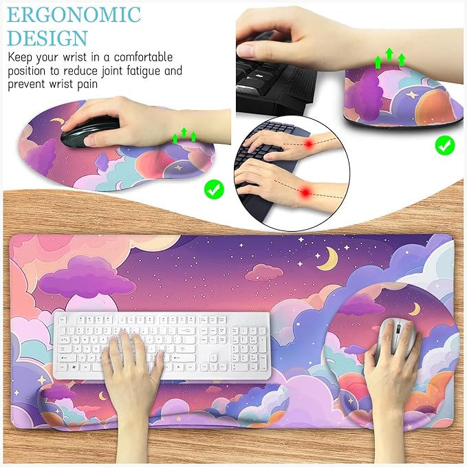 LIMKRIAN Purple Mouse Pad Large Desk Mat Set, Kawaii Clouds Ergonomic Mouse Pad - Image 3