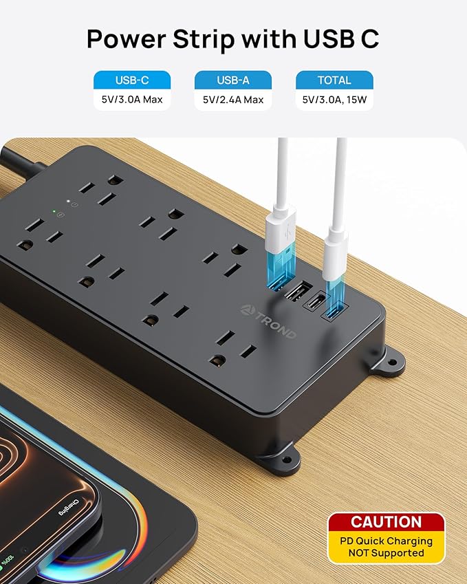 TROND Power Strip Surge Protector, 7 Widely-Spaced Outlets, 2 USB-A & 2 USB-C - Image 3