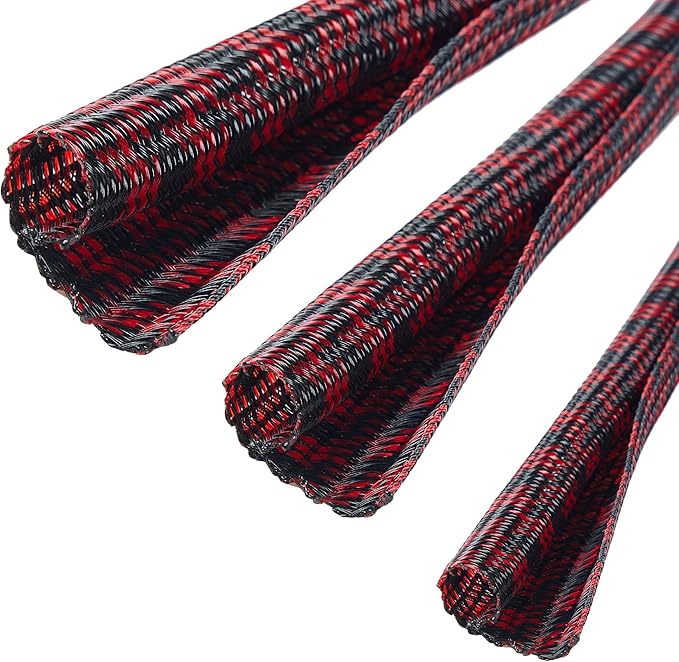 QCSIW Split Cable Sleeve, 25ft x 1 inch Black Red Braided Wire Loom - Image 2