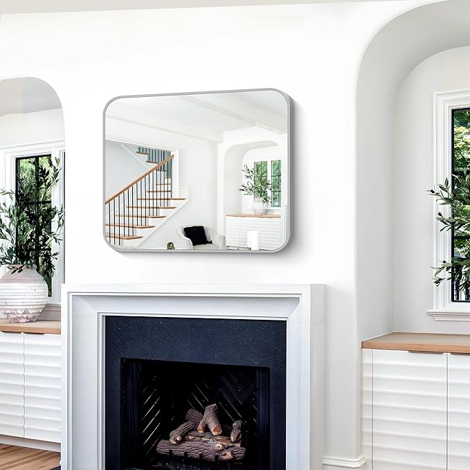 Silver Bathroom Mirror, 30 x 36 Inch Metal Framed Silver Rectangle Mirror - Image 2