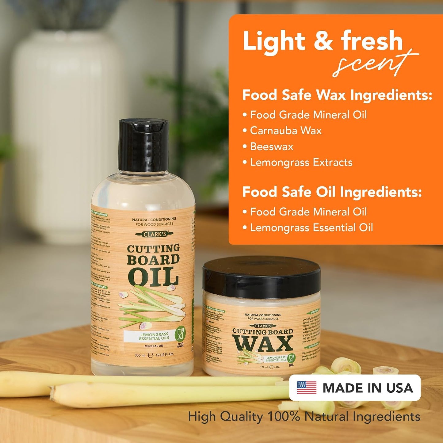 CLARK'S Cutting Board Oil & Wax Kit, Lemongrass Scent - Set of 2 | Includes Food Grade Mineral Oil (12oz), Cutting Board Wax (6oz) for Cutting Boards, Butcher Blocks & Kitchen Wooden Utensils